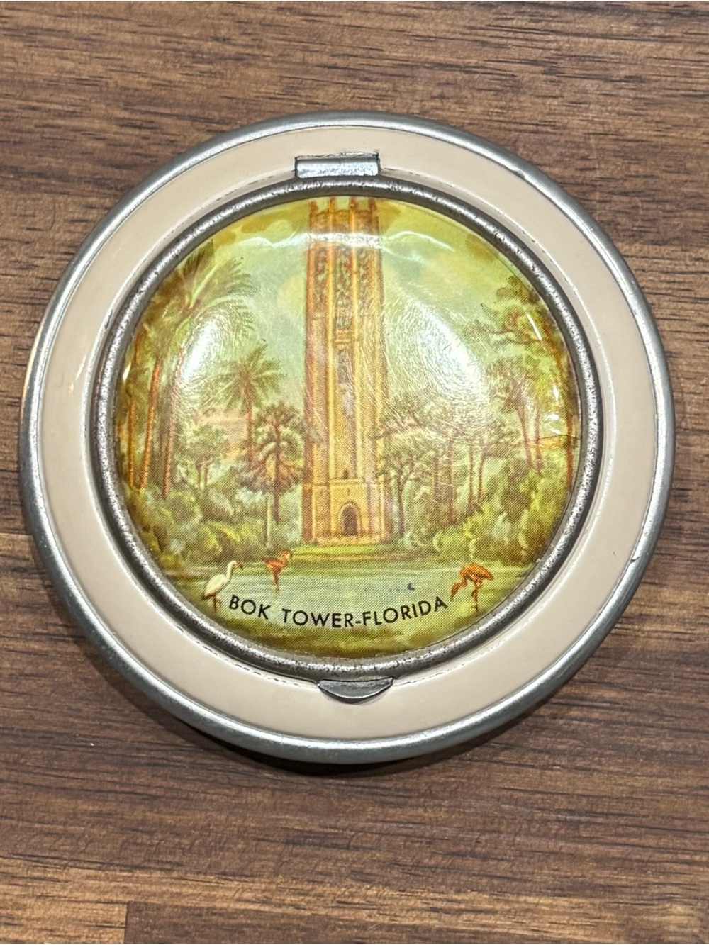 1930's souvenir BOK TOWER ORLANDO Florida Beige Pocket Mirror Compact